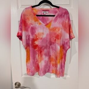 Chico's Pink and Orange Tie-Dye V-Neck Short Sleeve Shirt in Size 3 (XL)